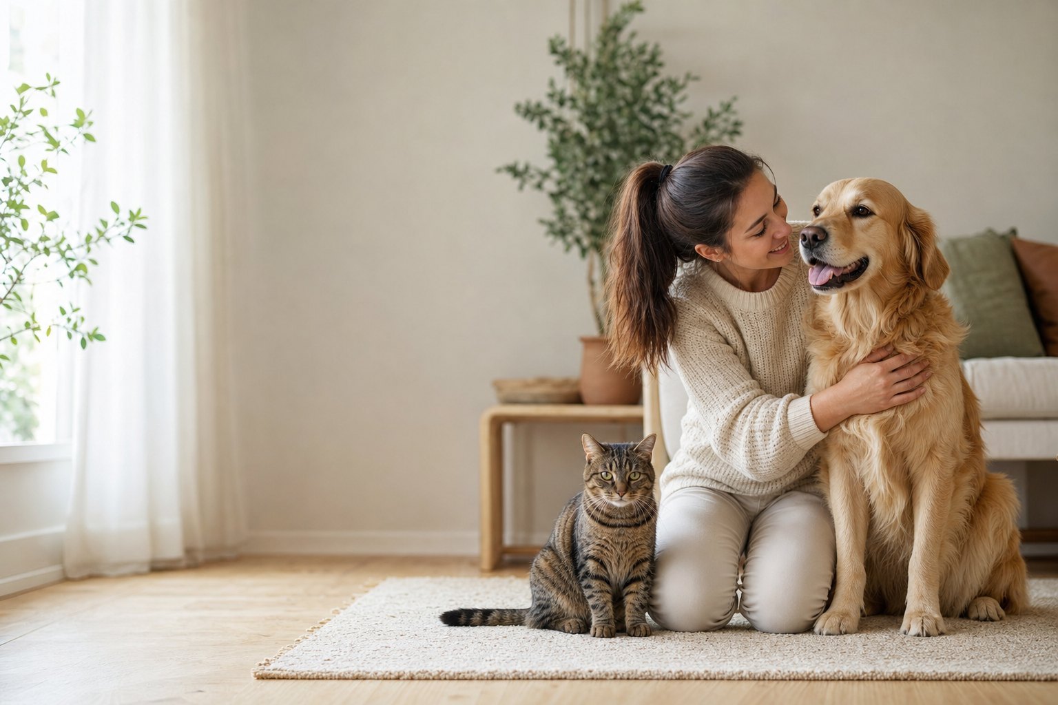 A woman kneeling on a rug in a sunlit living room with a golden retriever and a tabby cat beside her